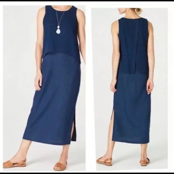 J. Jill Dresses & Skirts - PURE JILL Sleeveless Linen Dress Tiered Overlay Crinkle Lagenlook Blue Petite S